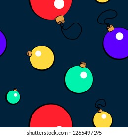 Funny cartoon seamless pattern Colorfully christmas balls on dark background Vector illustration