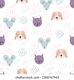 Funny cartoon seamless pattern with cute gray mice, brown dogs and purple cats heads on white background. Childish texture with pets for kids design, wallpaper, textile, wrapping paper