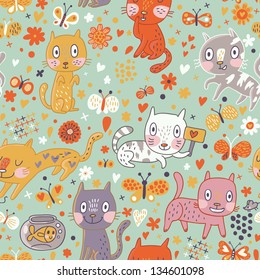 Funny cartoon seamless pattern. Cute cats and butterflies in flowers. Seamless pattern can be used for wallpaper, pattern fills, web page backgrounds, surface textures.
