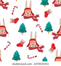 Funny cartoon seamless pattern with cute hare with scarf and hat,sock,spruce and stick.Winter holidays background with animal head.Colorful print on fabric and paper.Vector seasonal illustration. 