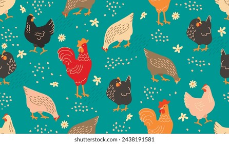 Funny cartoon seamless pattern with cute hens and rooster.Farm chickens background in memphis style.Spring summer flowers,dots and lines. Nursery wall decor,cover.Hand drawn illustration on blue.