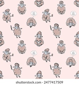 Funny cartoon seamless pattern with cute sheep. Sheep with flower, sleeping, reading and walking sheep cartoon graphic background