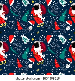 Graciosa caricatura que combina perfectamente el vuelo de Santa Claus en el espacio, árboles de navidad y planetas.