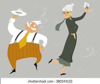 Gracioso dibujo de pareja de veteranos bailando, ilustración vectorial EPS 8