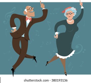 Funny cartoon senior couple dancing, EPS 8 vector illustration