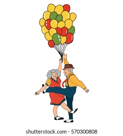 Funny cartoon senior couple dancing with balloons. vector hand drawn illustration 