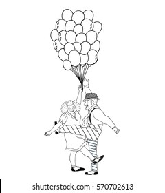 Funny cartoon senior couple dancing with balloons. vector hand drawn illustration in lines.
