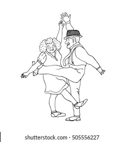 Funny cartoon senior couple dancing,vector hand drawn illustration.lines