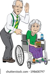 A funny cartoon of a senior couple, the man standing anxiously behind his wife, who is sitting in a wheelchair.