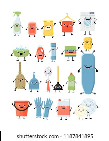 Funny cartoon set of different cleaning tools. Kawaii cleaning equipment.  Smiling Washing machine, basin, gloves, detergents, basket, broom, scoop, plumber, brush, plate. Vector illustration isolated
