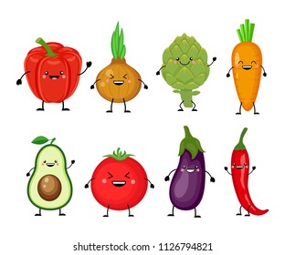 Funny cartoon set of different vegetables. Smiling bell pepper, onion, artichoke, avocado, tomato,eggplant, chili pepper. Vector illustration isolated on white background