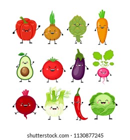 Funny cartoon set of different vegetables. Kawaii vegetables.  Beetroot, carrot, eggplant, bell pepper, tomato, avocado, artichoke, cabbage, fennel, onion, radish. Vector illustration isolated on whit
