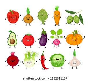 Funny cartoon set of different vegetables. Kawaii .  Smiling pumpkin, carrot, eggplant, bell pepper, tomato, avocado, artichoke, cabbage, fennel, onion, garlic. Vector illustration isolated on white.