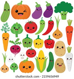 Funny cartoon set of different vegetables. Kawaii vegetables. Smiling pumpkin, carrot, eggplant, bell pepper, tomato, fennel, onion, garlic, cucumber,  potato
