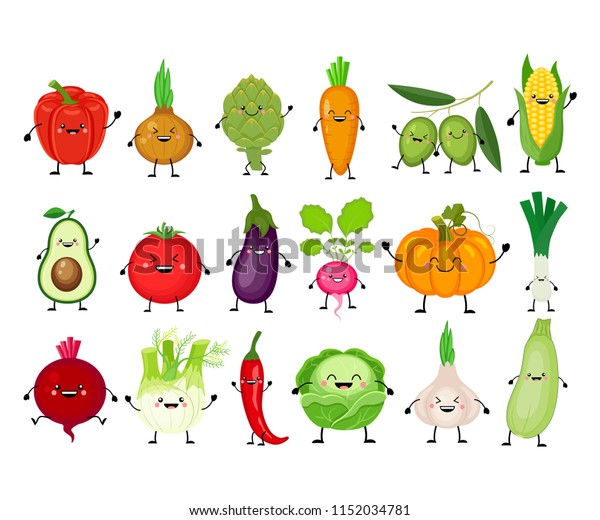 Funny Cartoon Set Different Vegetables Kawaii Stock Vector (Royalty