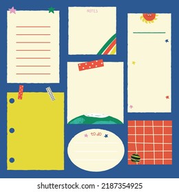 Funny cartoon set of paper notes with space doodle elements. Kids graphic with stars and planets. Vector hand drawn illustration.