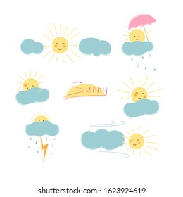 funny cartoon set of six suns and clouds in different situations, vector illustration