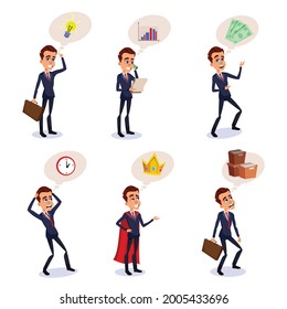 Funny cartoon set of vector illustrations of businessman with different thoughts and dreams on white background