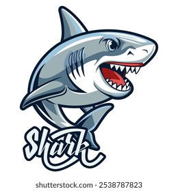 Funny cartoon shark. Animals and marine life. Lettering and calligraphy. Template for the design of a sticker, poster, badge, logo. Vector illustration.