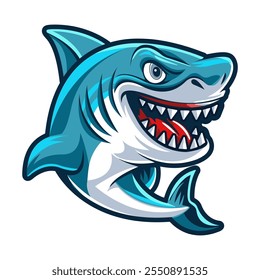 Funny cartoon shark. Animals and marine life. Vector illustration. Template for the design of a sticker, logo, badge, poster. 