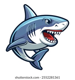 Funny cartoon shark. Animals and marine life. Template for the design of a sticker, poster, badge, logo. Vector illustration.