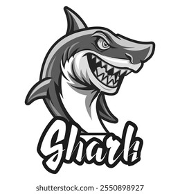 Funny cartoon shark. Animals and wildlife. Marine life. Template for the design of a logo, icon, sticker, poster. Vector illustration.