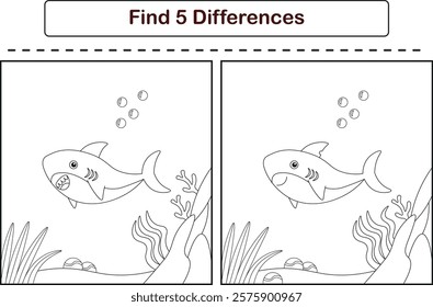Funny cartoon shark. Find 5 differences. Kids Education games. Cartoon vector illustration