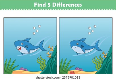 Funny cartoon shark. Find 5 differences. Kids Education games. Cartoon vector illustration