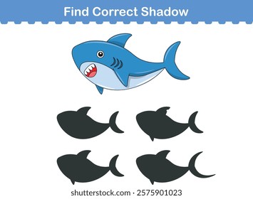 Funny cartoon shark. find the correct shadow. Kids Education games. Cartoon vector illustration