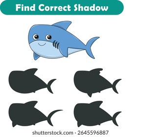 Funny cartoon shark. find the correct shadow. Kids Education games. Cartoon vector illustration