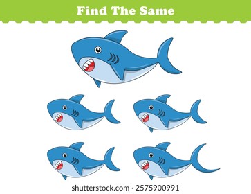 Funny cartoon shark. Find same pictures. Educational game for children. Cartoon vector illustration