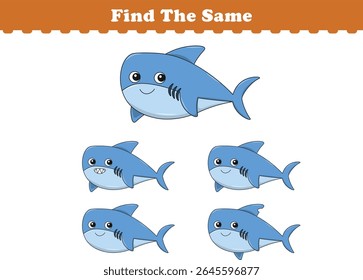 Engraçado desenho animado tubarão. Encontre as mesmas fotos. Jogo educacional para crianças. Ilustração de vetor de desenhos animados