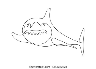 Funny cartoon shark fish in continuous line art drawing style. Minimalist black linear sketch on white background. Vector illustration