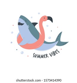 Funny cartoon shark in a flamingo floatie in a flat style. Vector hand drawn illustration. Animal character design