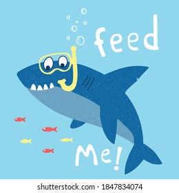 Funny Cartoon Shark Illustration For Kids Apparels Vector