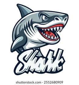 Funny cartoon shark. Marine life. Animals and wildlife. Template for the design of a poster, icon, logo, sticker. Vector illustration.