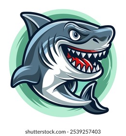 Funny cartoon shark on a seascape background. Template for the design of a sticker, badge, poster, logo. Animals and marine life. Vector illustration.