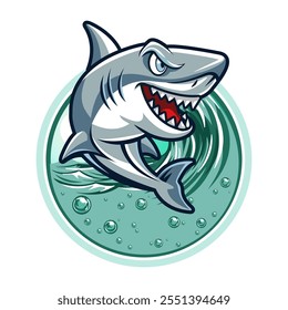 Funny cartoon shark on a seascape background. Vector illustration. Template for the design of a sticker, badge, poster, logo. Animals and marine life. 