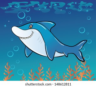 Funny cartoon shark in the sea