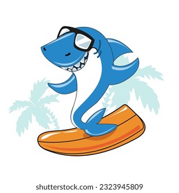 Un tiburón caricaturista gracioso con gafas de sol en una tabla de surf. Concepto de verano para ropa