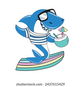 Funny cartoon shark with sunglasses on a surfboard on a white background. Summer concept for kids