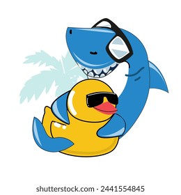 Funny cartoon shark with sunglasses and rubber duck on a white background. Summer concept for kids