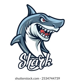 Funny cartoon shark. Template for the design of a logo, icon, sticker, poster. Animals and wildlife. Marine life. Vector illustration.