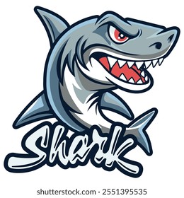 Funny cartoon shark. Template for the design of a logo, icon, poster, sticker. Marine life. Vector illustration. Animals and wildlife. 