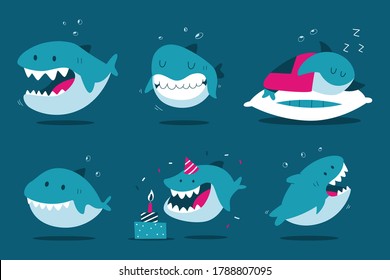 Caracteres vectores de tiburones de dibujos animados divertidos aislados en el fondo.