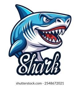 Funny cartoon shark. Vector illustration. Template for the design of a sticker, poster, icon, logo. Marine life. Animals and wildlife. 