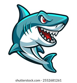 Funny cartoon shark. Vector illustration. Animals and marine life. Template for the design of a sticker, badge, poster, logo. 