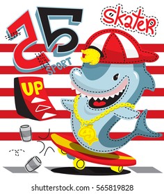 Funny cartoon shark wearing red hat riding a skateboard on red and white striped background illustration vector.
