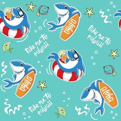 Funny Cartoon Sharks With Sunglasses And Funny Fish On A Blue Background Seamless Pattern. Summer Concept For Kids