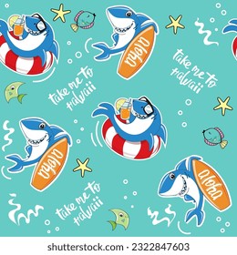 Funny cartoon sharks with sunglasses and funny fish on a blue background seamless pattern. Summer concept for kids